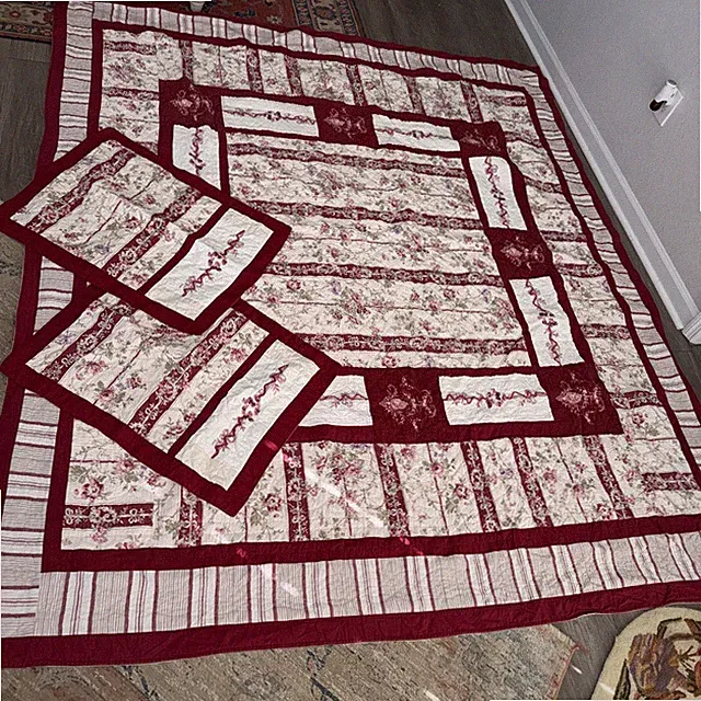 Armoire Floral Patchwork Red Quilt & 2 Shams 100% Cotton Queen French Country