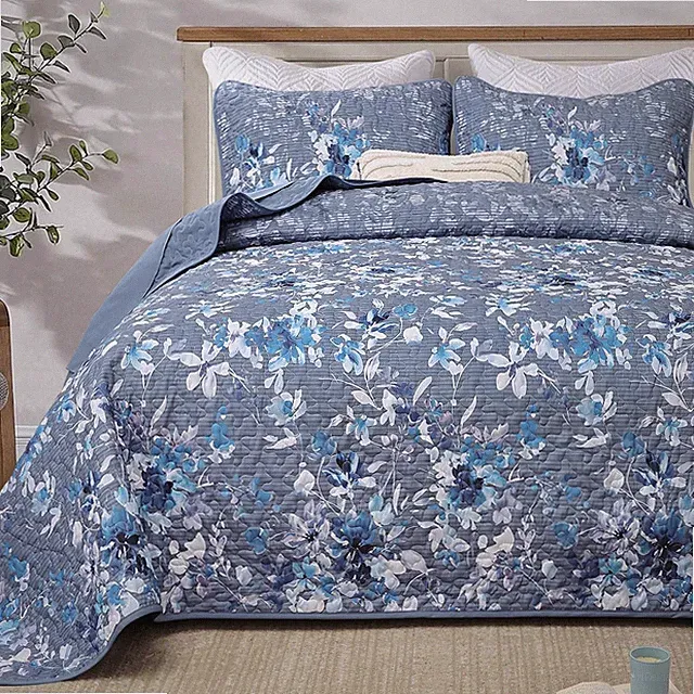 Blue Floral Quilt Set King Size Botanical Flowers Bedspread Coverlet Set