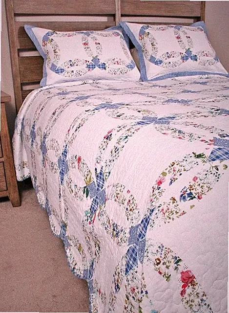 BLUE WEDDING RING Full Queen QUILT SET : COTTAGE ROMANTIC COUNTRY FLORAL GARDEN