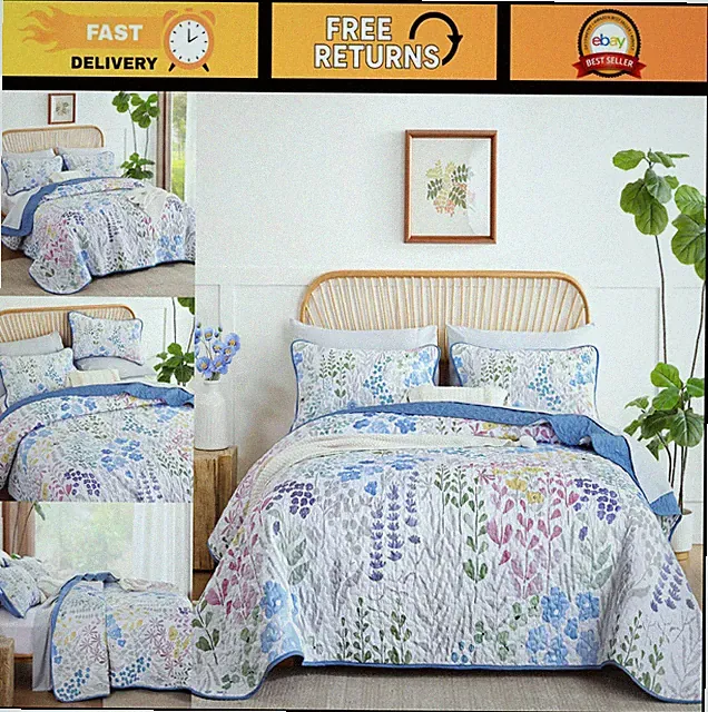 Floral King Size Quilt Set - 3 Piece Soft Microfiber Bedspread, Lightweight Flow