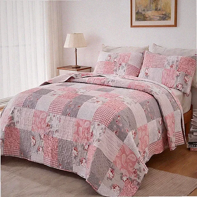Floral Patchwork Quilt Set Full Queen Size Quilted Bedspread Coverlet Set 3-Piec
