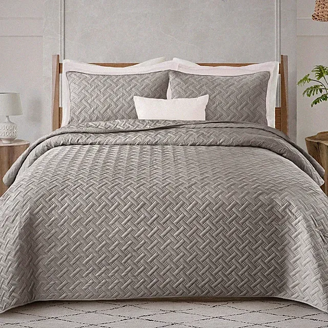 Quilt Set Queen Full Size, Soft Light Gray Quilts Coverlets for All Seasons, Lig