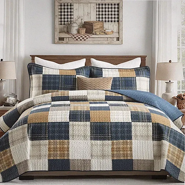 Quilts Queen Size - Plaid Design Farmhouse Quilt Set with Matching Shs