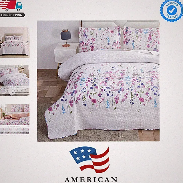 Summer Lightweight Thin Floral Quilts Full/Queen Size,Purple Blue Lilac Flowe...
