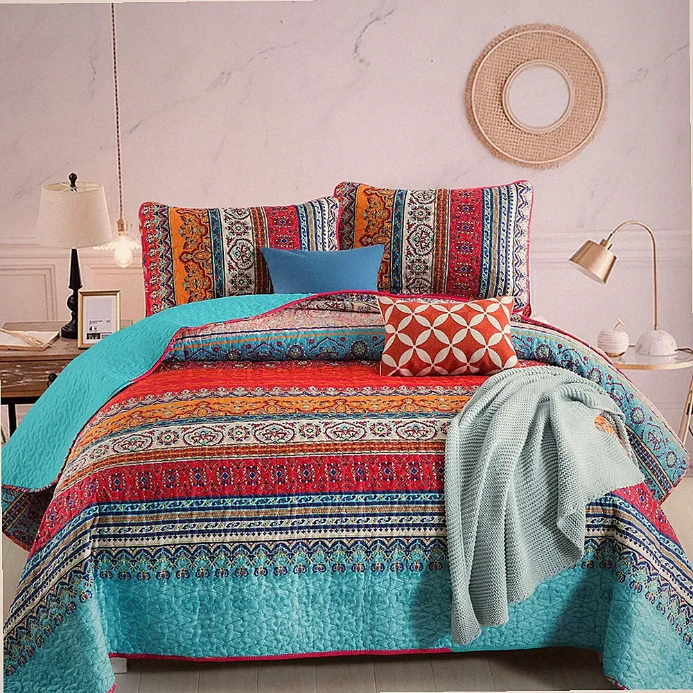WONGS BEDDING Bohemian Quilt Set Queen Size, Boho Striped Pattern Quilts Beds...