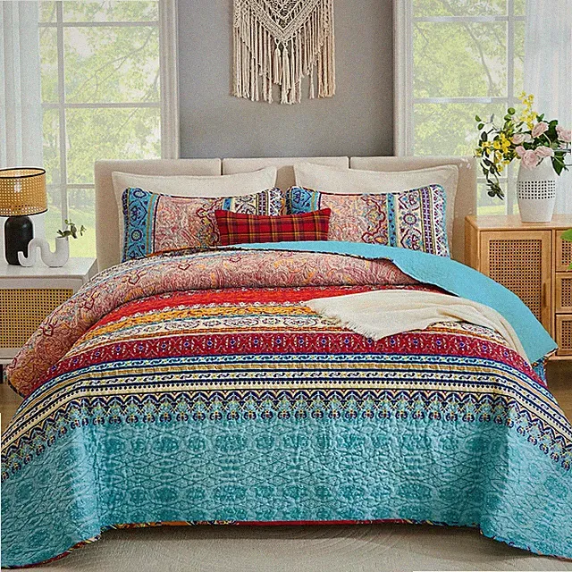 WONGS BEDDING Bohemian Quilt Set Queen Size, Boho Striped Pattern Quilts Bedspre